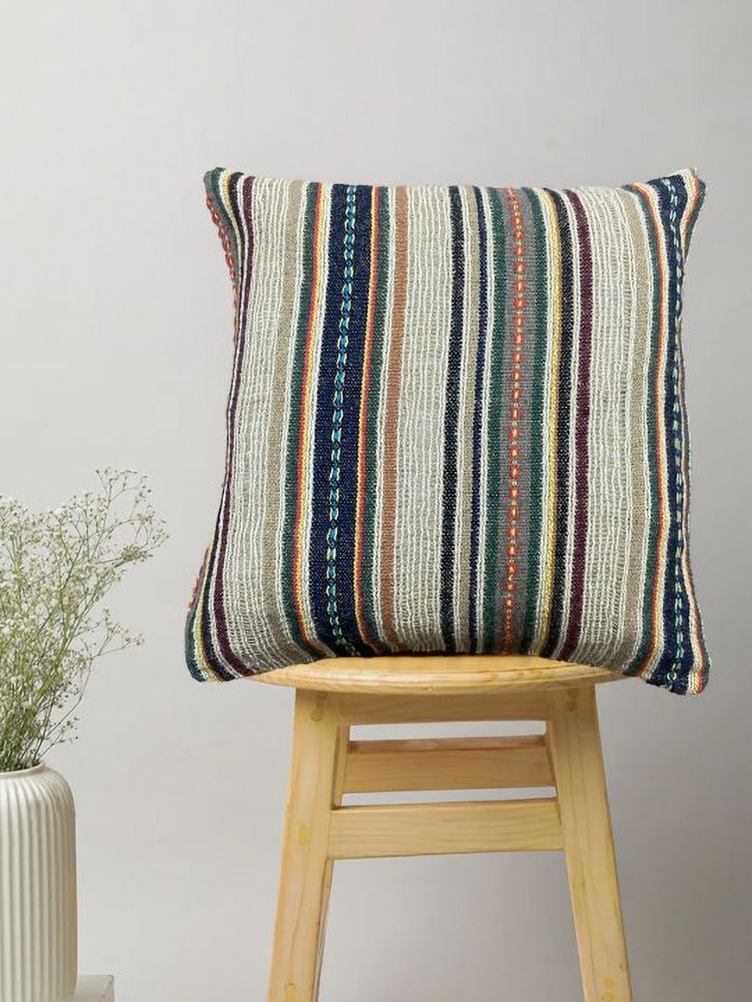 

SAJAVAT Cream-Coloured & Grey Striped Cotton Square Cushion Cover