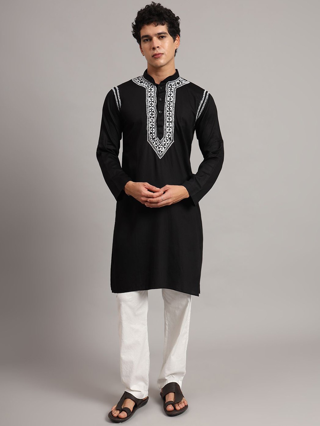 

The Chikan Label Men Hand Embroidered Chikankari Cotton Ethnic Wear Kurta, Black
