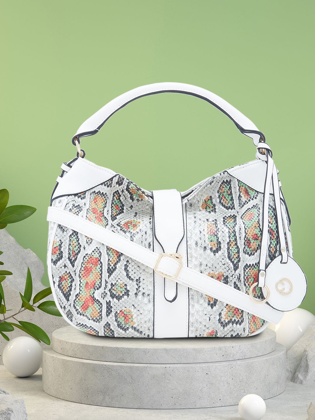 

Caprese Animal Printed Structured Hobo Bag, White