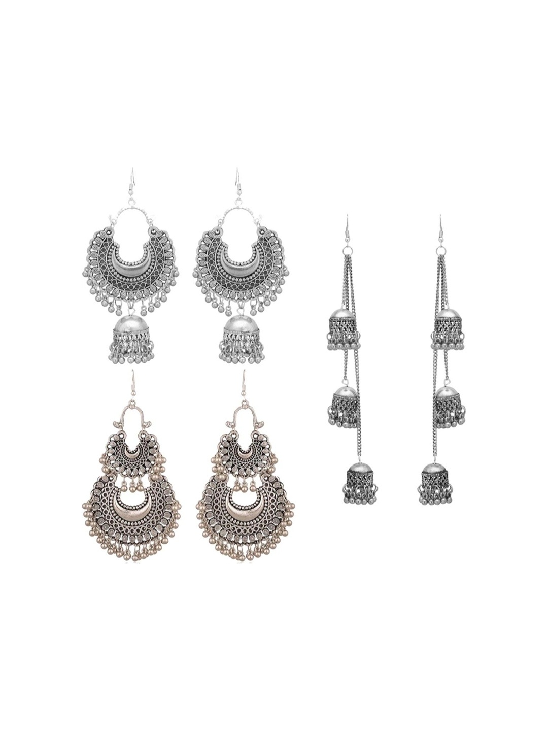 

JMBW INTERNATIONAL Set Of 3 Silver Plated Beaded Oxidised Dome Shaped Jhumkas