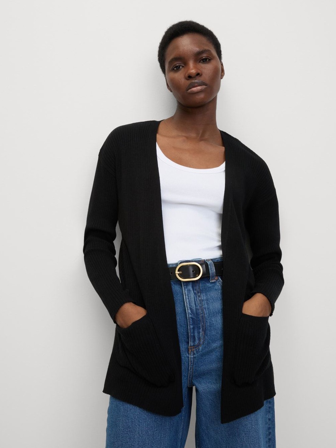 

Marks & Spencer Women Ribbed Edge to Edge Longline Cardigan, Black