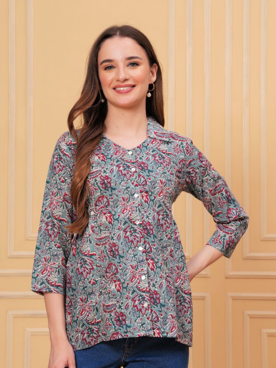 

KALINI Women Floral Printed Cotton Shirt Collar Top, Grey