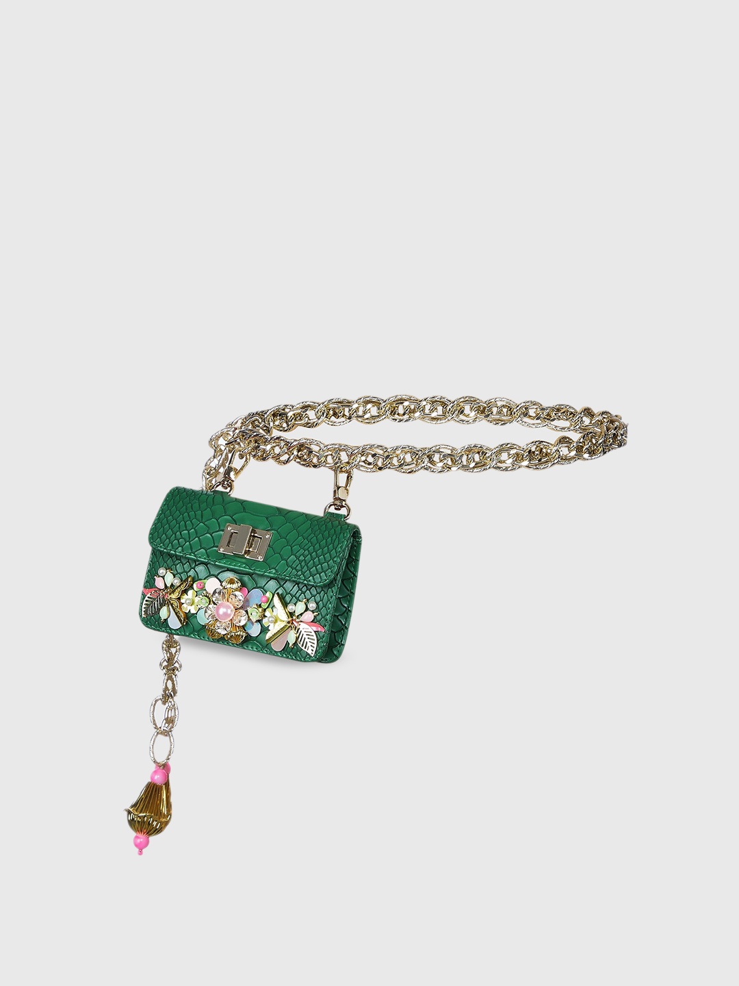 

Papa Don't Preach Women Printed Leather Structured Sling Bag, Green