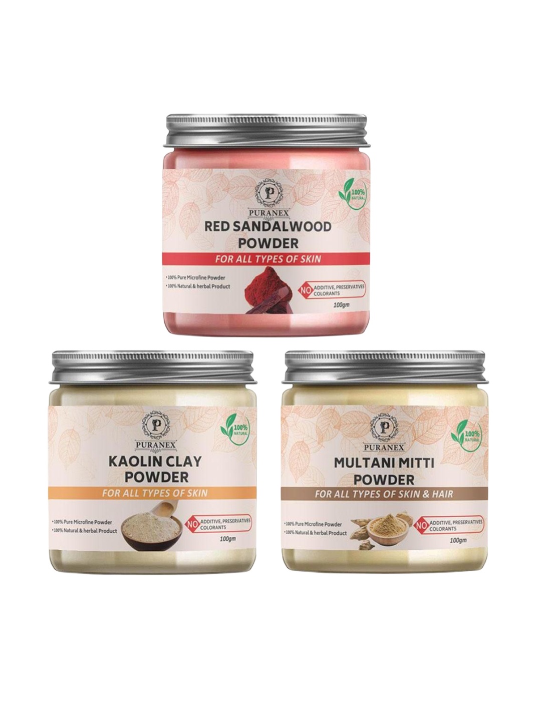 

Puranex Set Of 3 Red Sandalwood, Kaolin & Multani Mitti Skin & Hair Powder-100 g Each, White