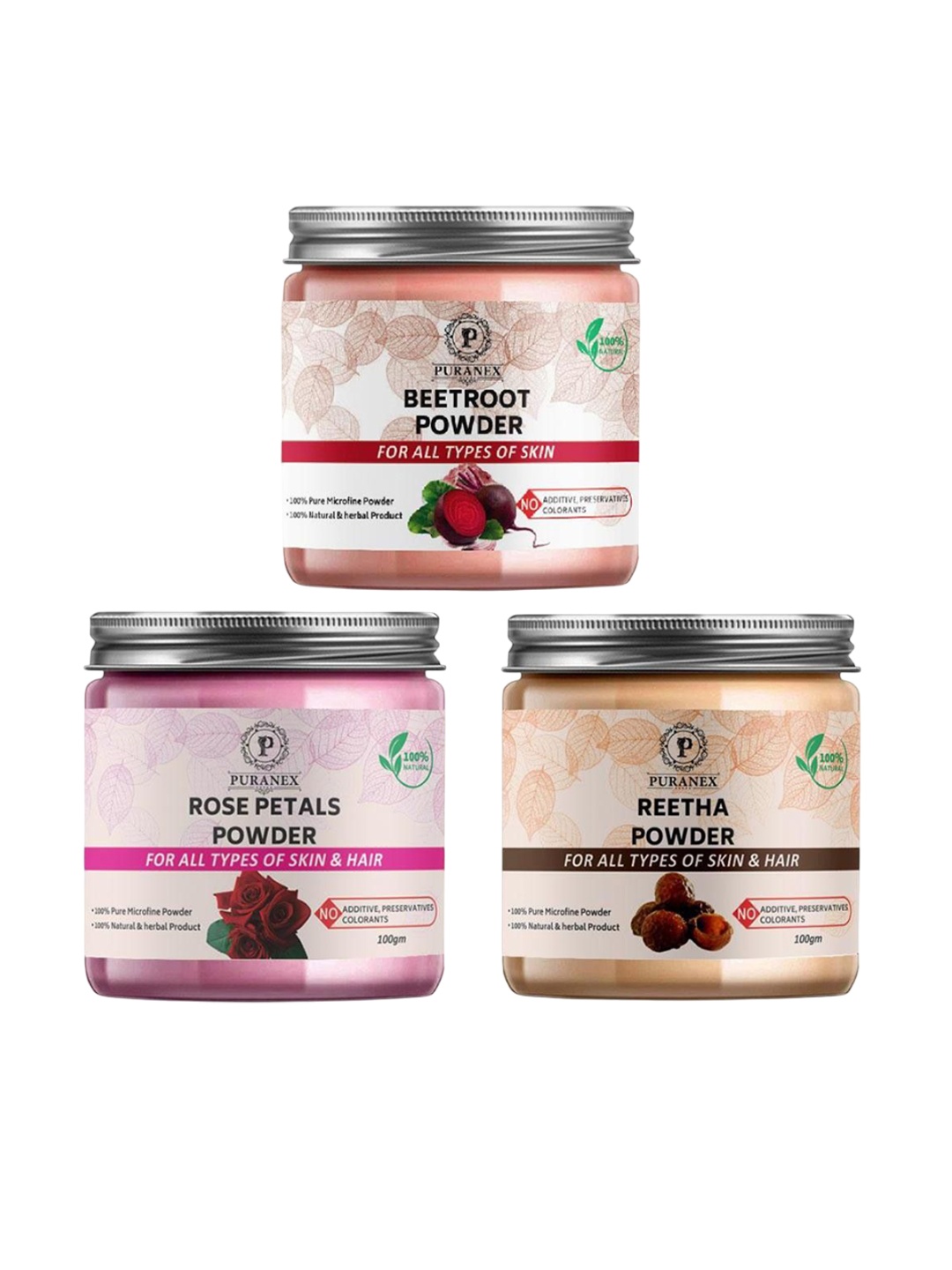 

Puranex Set Of 3 Natural Beetroot - Rose Petals & Reetha Powder - 100 g Each, White