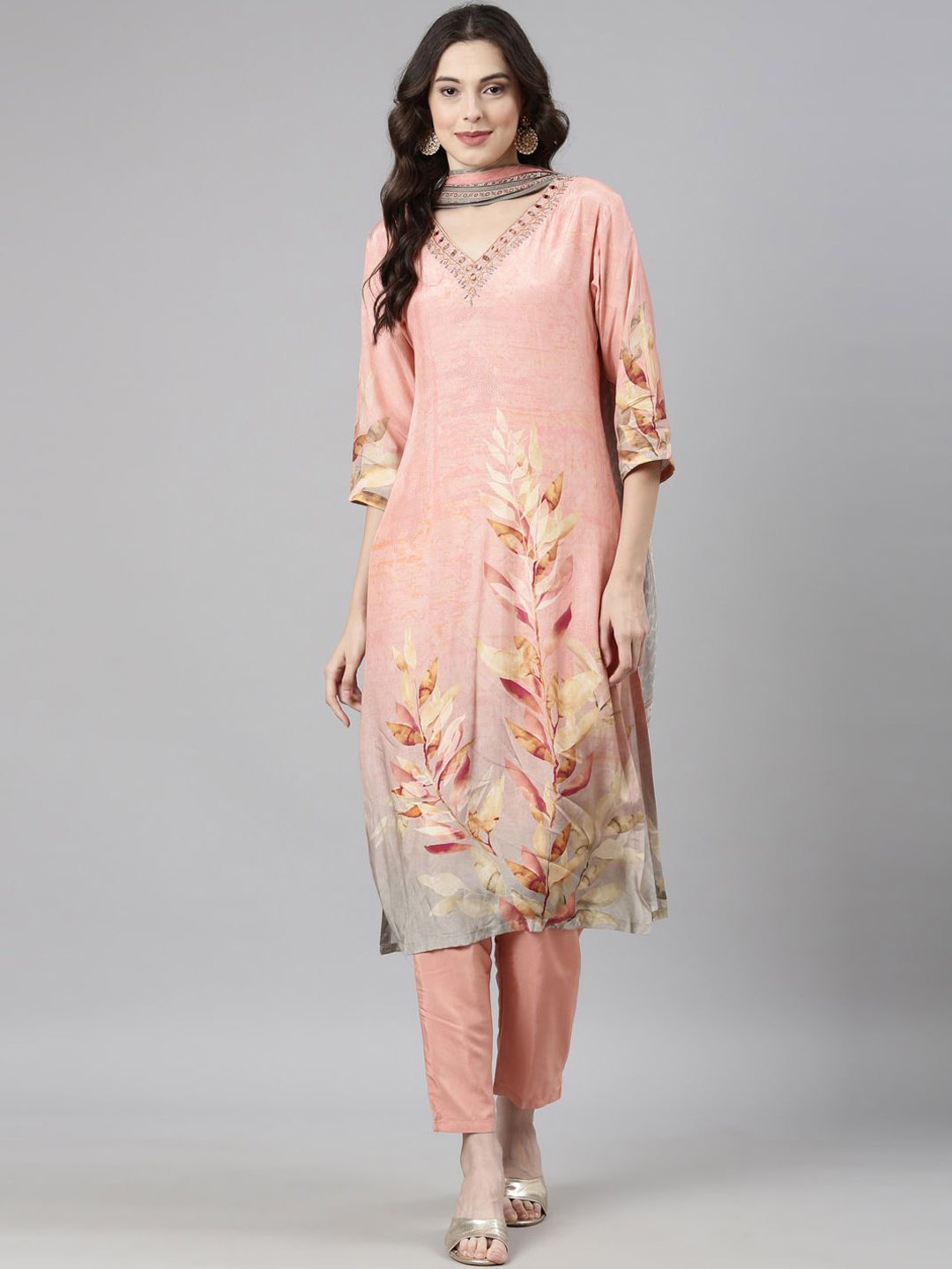 

Neerus Floral Printed Beads and Stones Kurta with Trouser & Dupatta, Pink