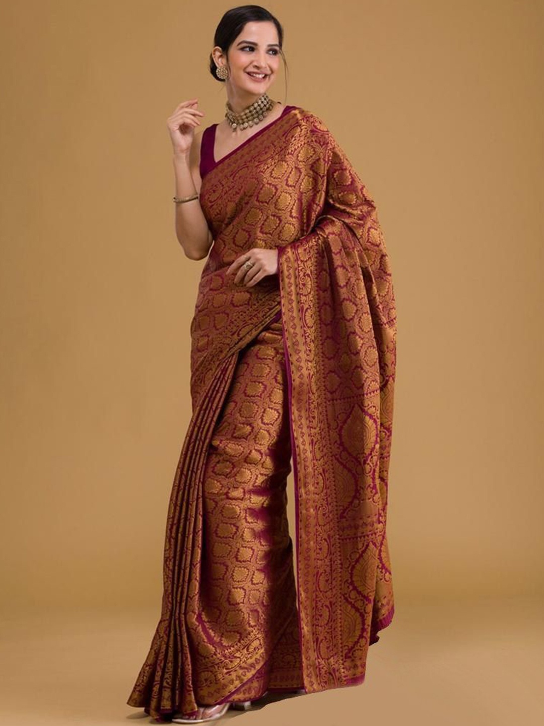 

Fashion Booms Ethnic Motifs Woven Design Zari Pure Silk Banarasi Saree, Maroon