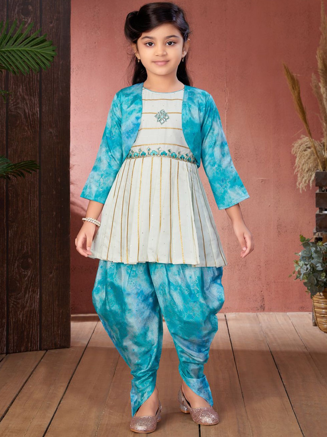 

Sangria Girls Striped Printed A-Line Kurta with Dhoti & Jacket, Off white