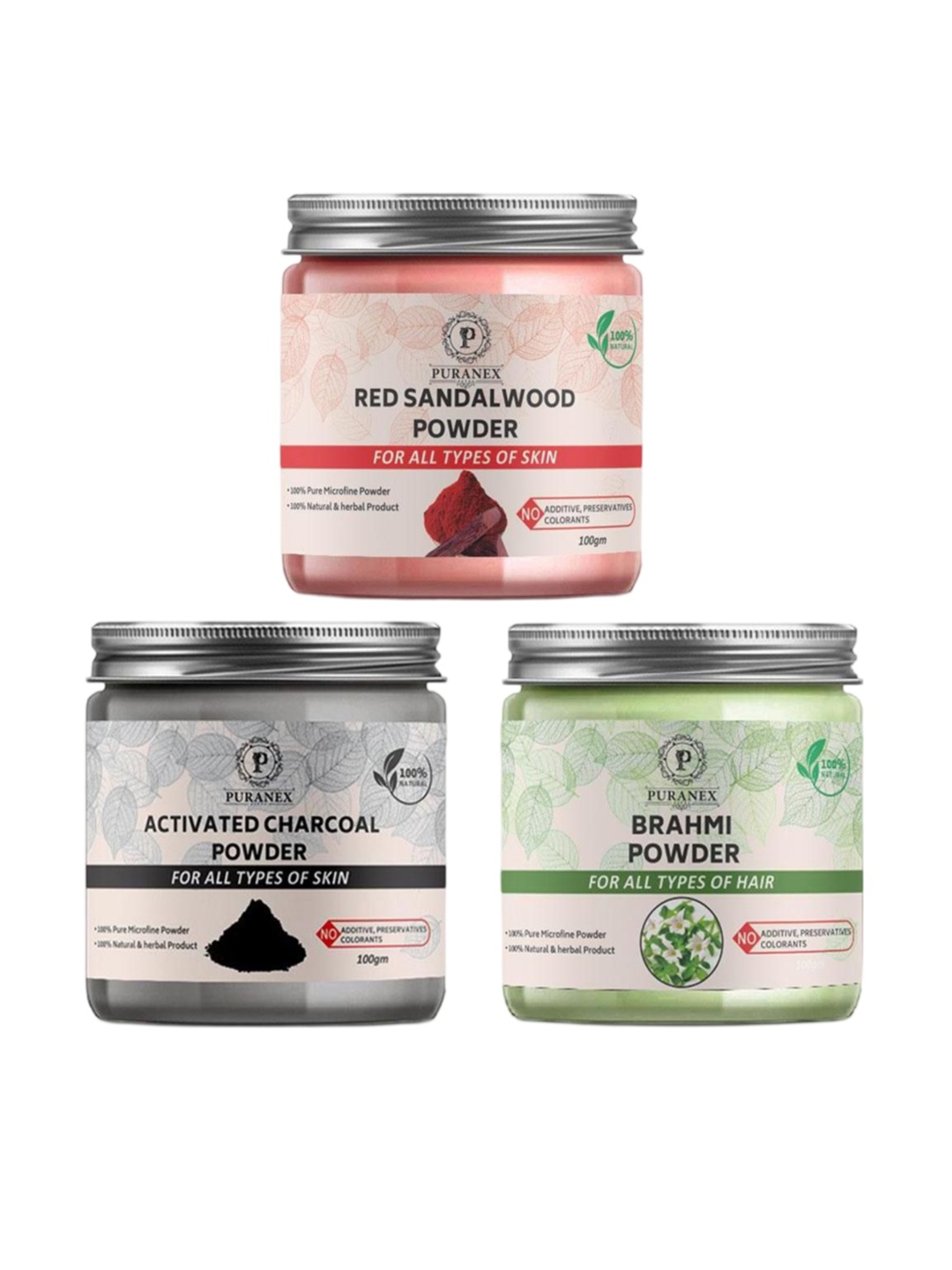 

Puranex Set Of 3 Activated , Brahmi & Red Sandalwood Hair & Skin Powder -100 g Each, White