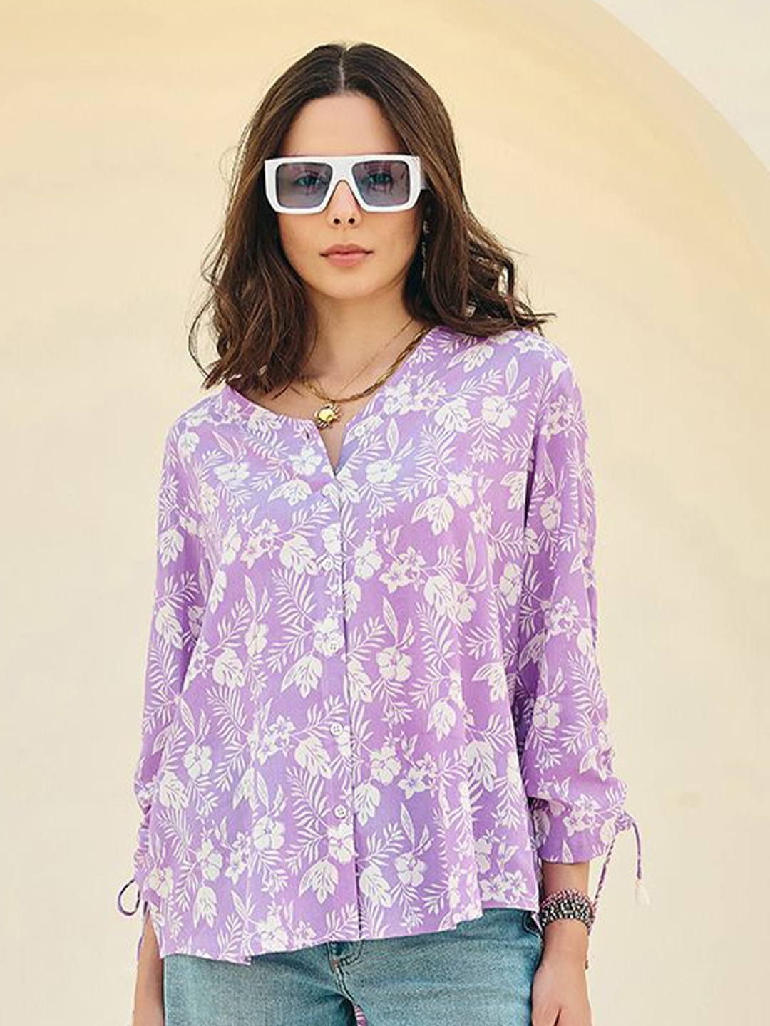 

Midsummer Women Floral Opaque Printed Casual Shirt, Lavender