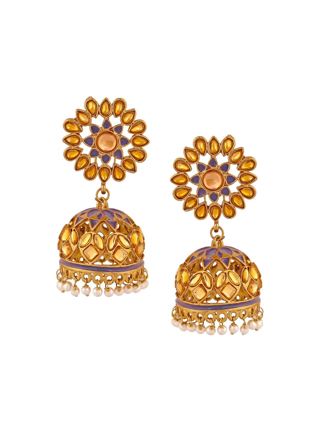 

Stefan Gold Plated Kundan Studded Dome Shape Meenakari Jhumkas