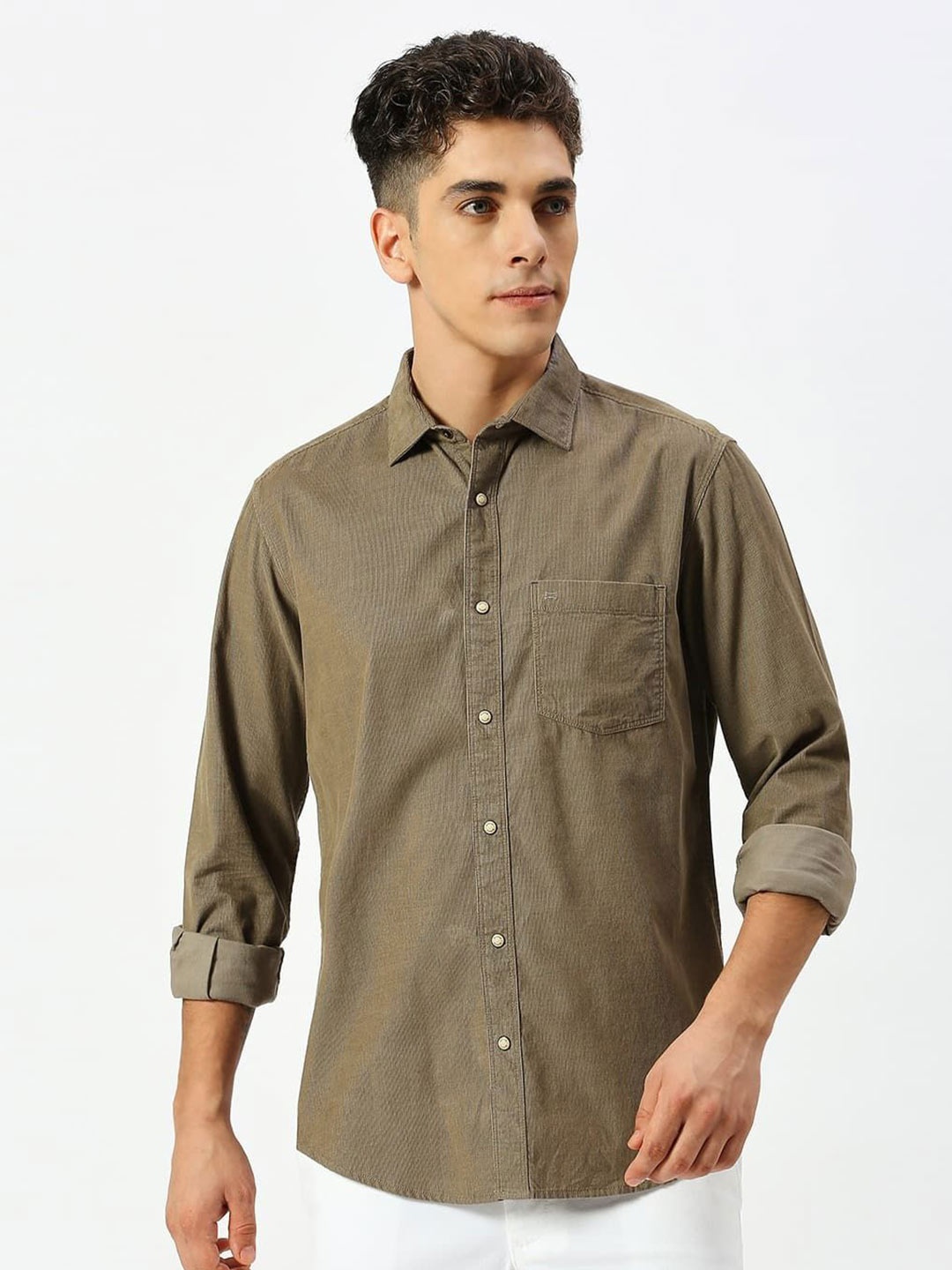 

Basics Men Slim Fit Textured Pure Cotton Casual Shirt, Olive