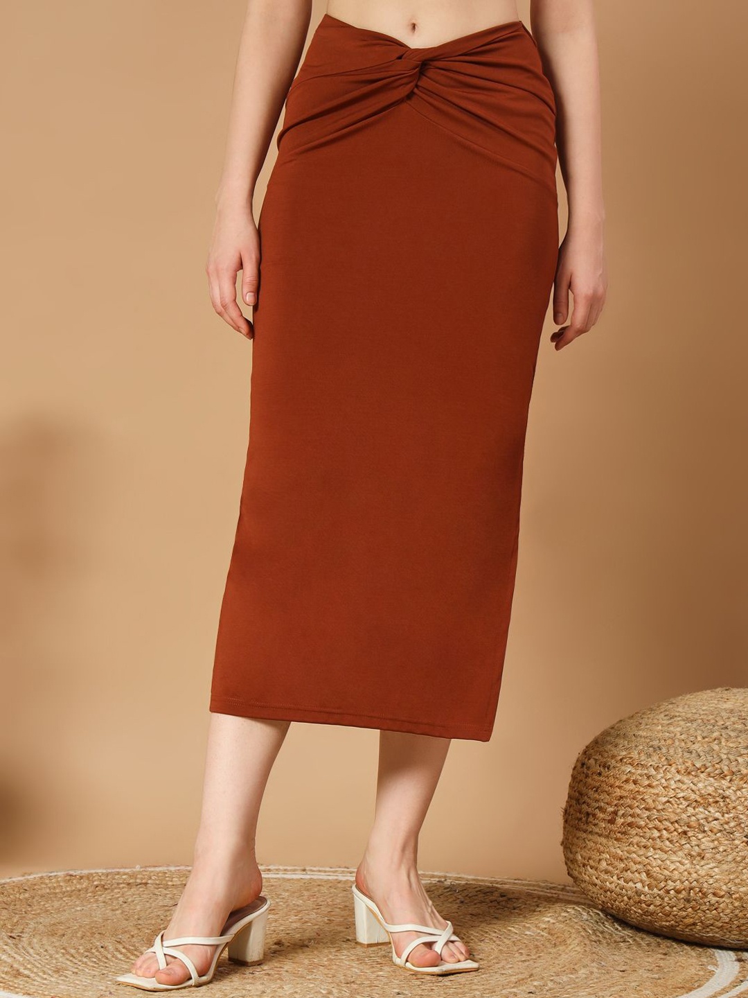 

BAESD Women Twist Waist Split Thigh Pencil Midi Skirt, Brown