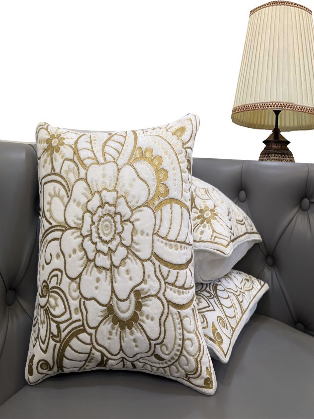 

Good Vibes Gold-Toned & White 3 Pieces Floral Velvet Square Cushion Covers