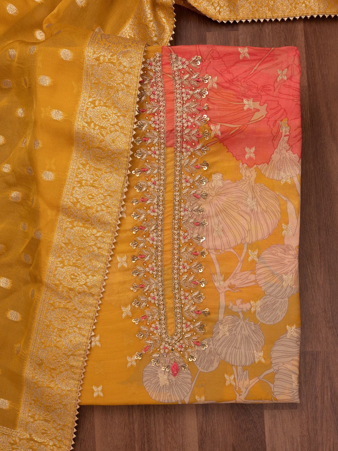 

Koskii Floral Printed Beads and Stones Unstitched Dress Material, Yellow