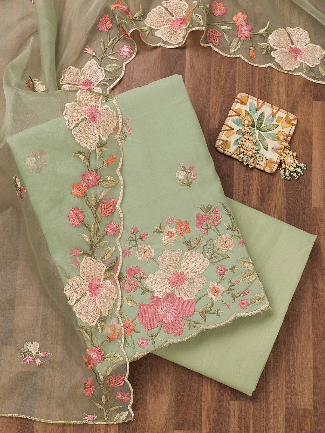 

Koskii Floral Embroidered Thread Work Unstitched Dress Material, Green