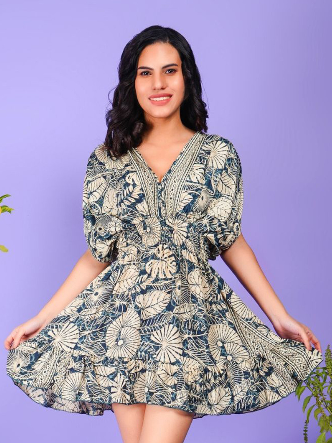 

Boholyfe Women Bohemian Print Puff Sleeve A-Line Dress, Cream