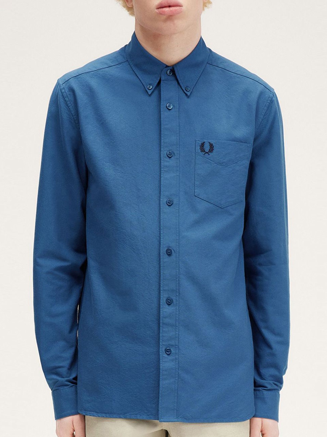 

Fred Perry Men Button-Down Collar Solid Cotton Casual Shirt, Blue