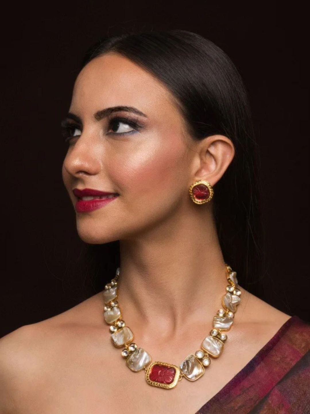 

QUEENS JEWELS Gold Plated Artificial Stones Studded Details Jewellery Set