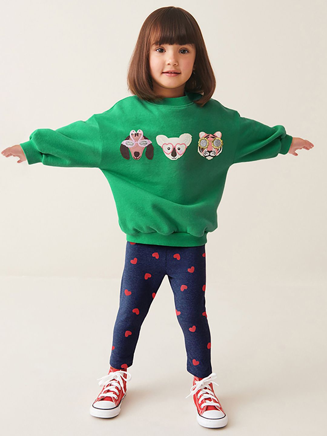 

JC SPARKLE Girls Self Design Drop Shoulders Pure Cotton Sweatshirt With Leggings, Green