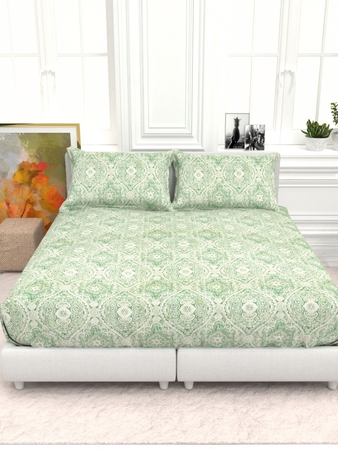 

THE WHITE MOSS Green & White Ethnic Cotton 210 TC King Bedsheet Set-2.75 m x2.75 m