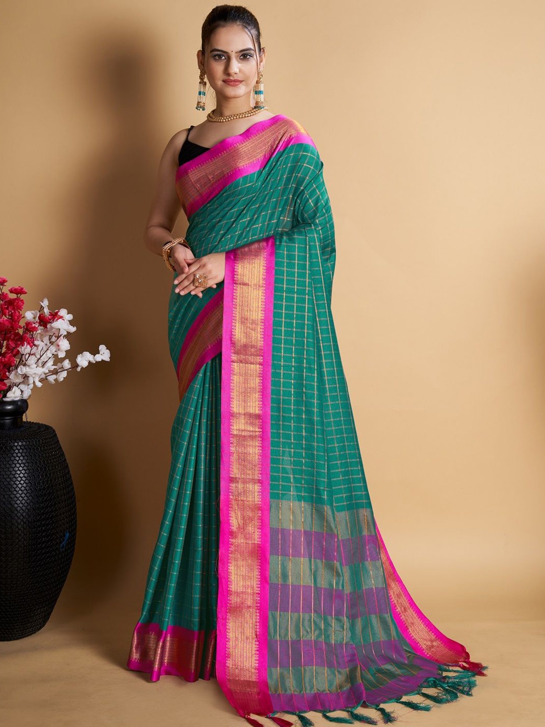 

SHOBHA SAREES Woven Design Zari Pure Silk Uppada Saree, Green