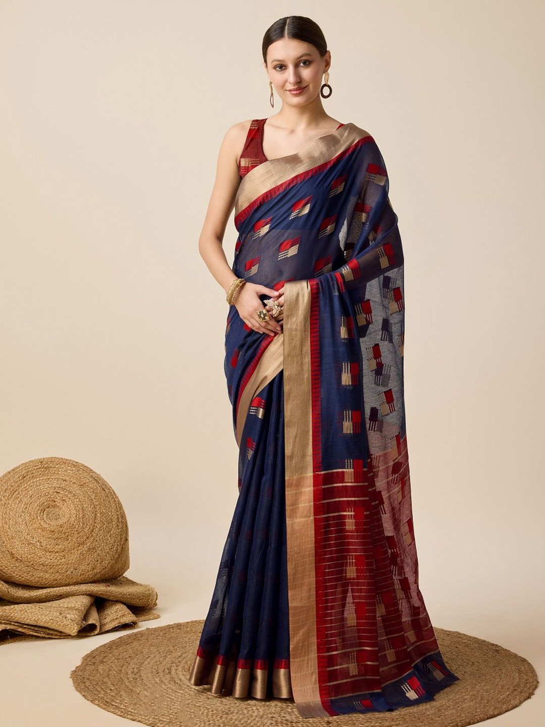 

LEOSAGI Embellished Zari Silk Cotton Kota Saree, Navy blue
