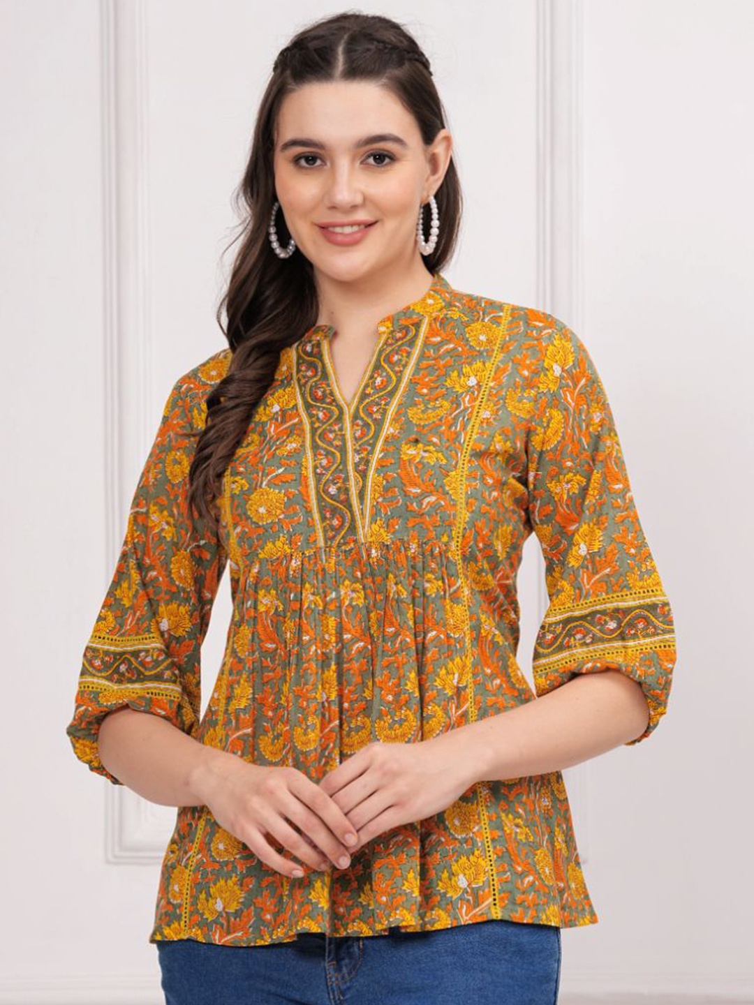 

KALINI Floral Print Mandarin Collar Cotton Top, Yellow