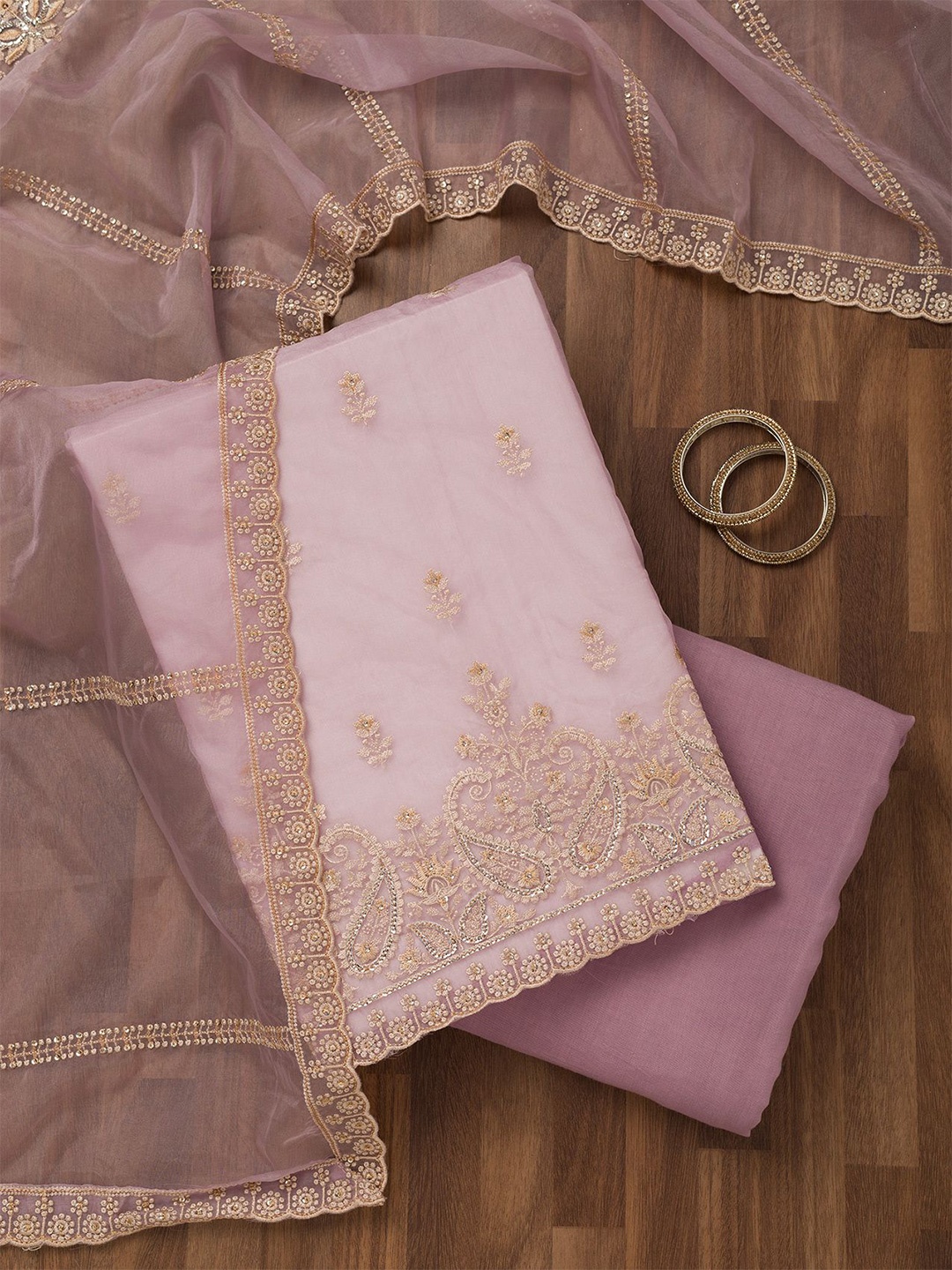 

Koskii Floral Embroidered Zari Tissue Unstitched Dress Material, Purple