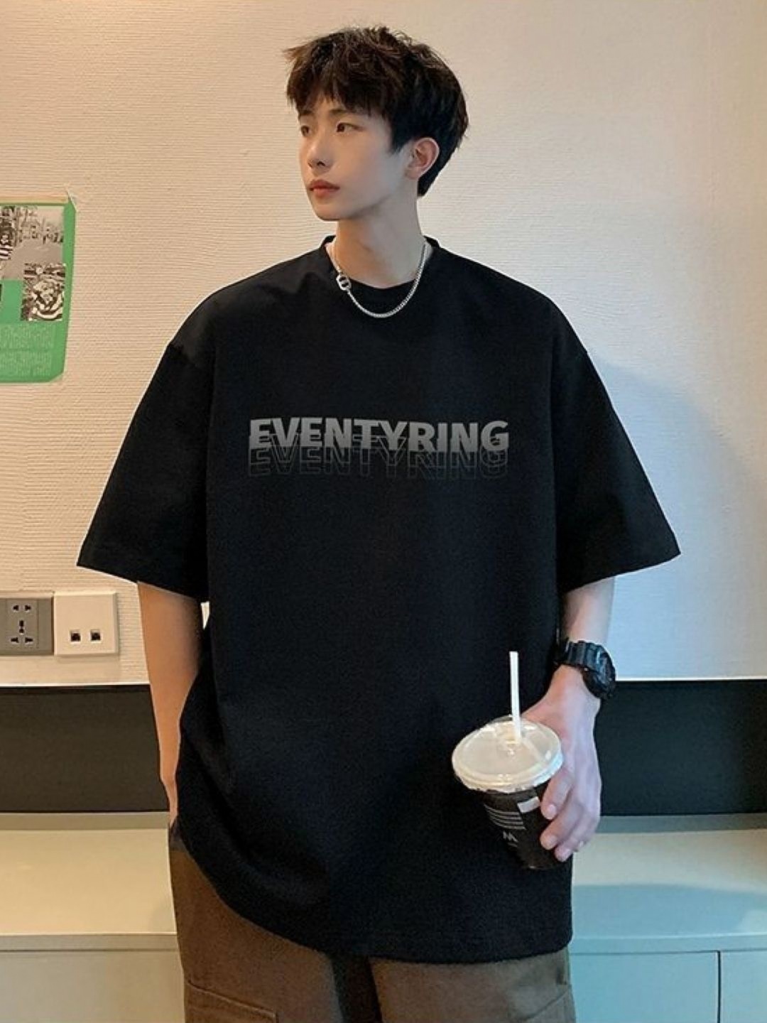 

HERE&NOW Men Typography Printed Round Neck Cotton Oversized T-shirt, Black
