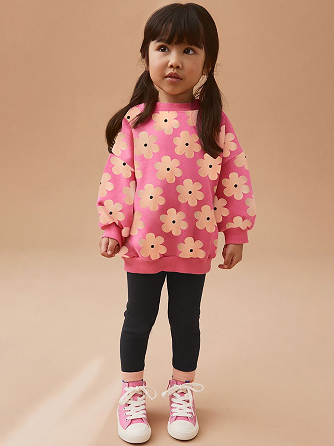 

JC SPARKLE Girls Floral Printed Drop Shoulders Pure Cotton Sweatshirt With Leggings, Pink