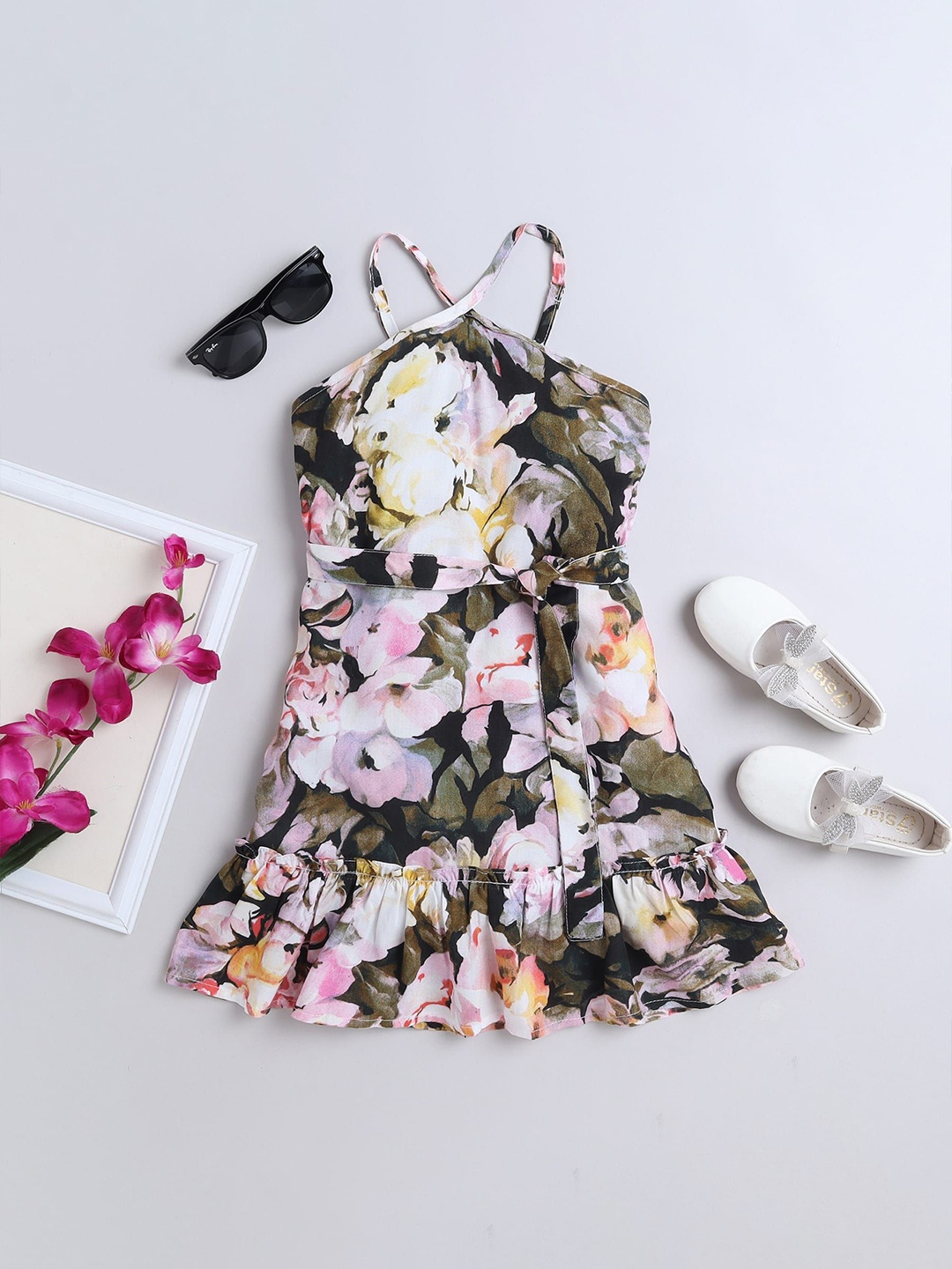 

taffykids Floral Print Halter Neck A-Line Dress, Multi