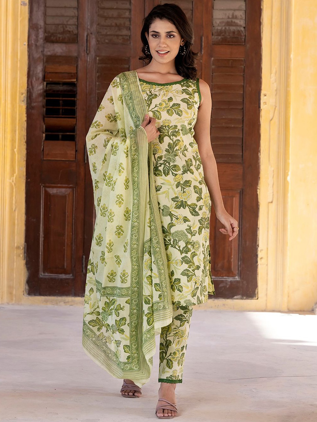 

KALINI Floral Printed Straight Pure Cotton Kurta With Trousers & Dupatta, Green