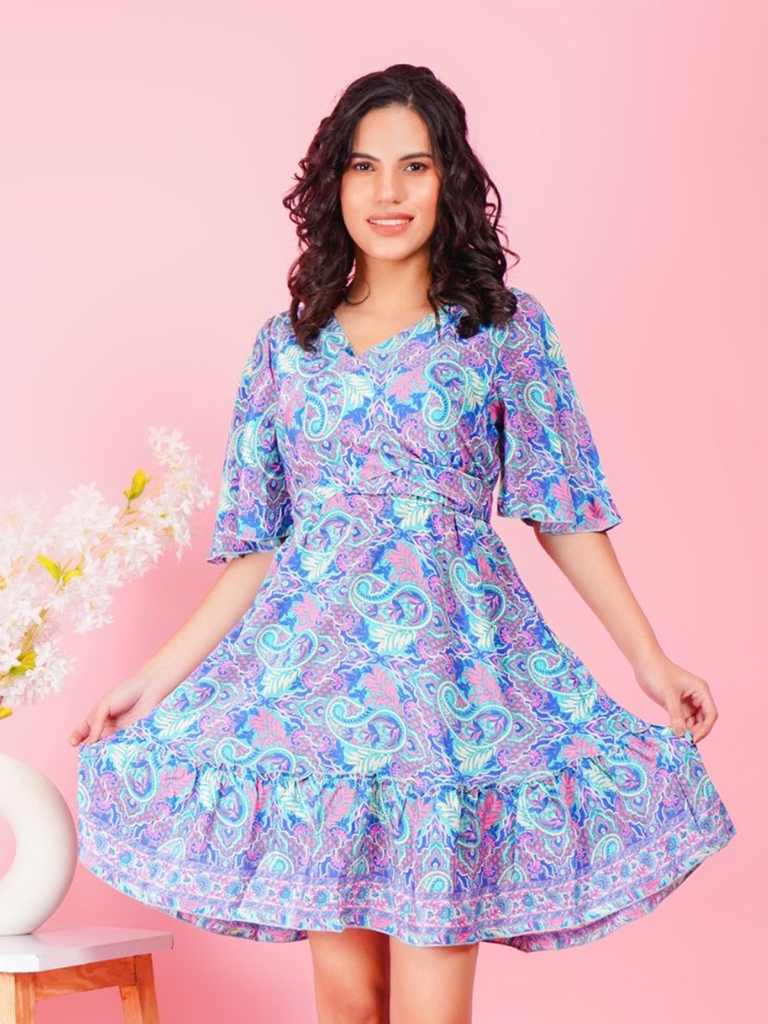 

Boholyfe Bohemian Print Flared Sleeve A-Line Dress, Blue