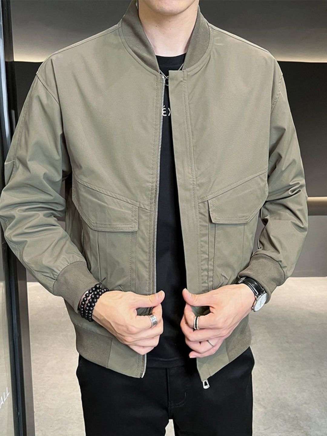 

HERE&NOW Men Stand Collar Solid Casual Bomber Jacket, Green