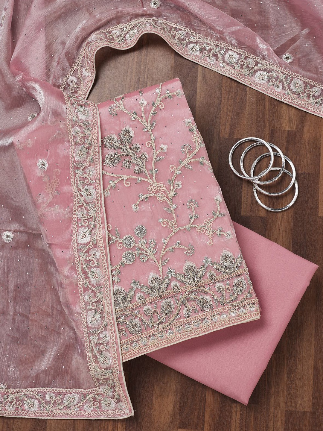 

Koskii Embellished Crepe Unstitched Dress Material, Pink