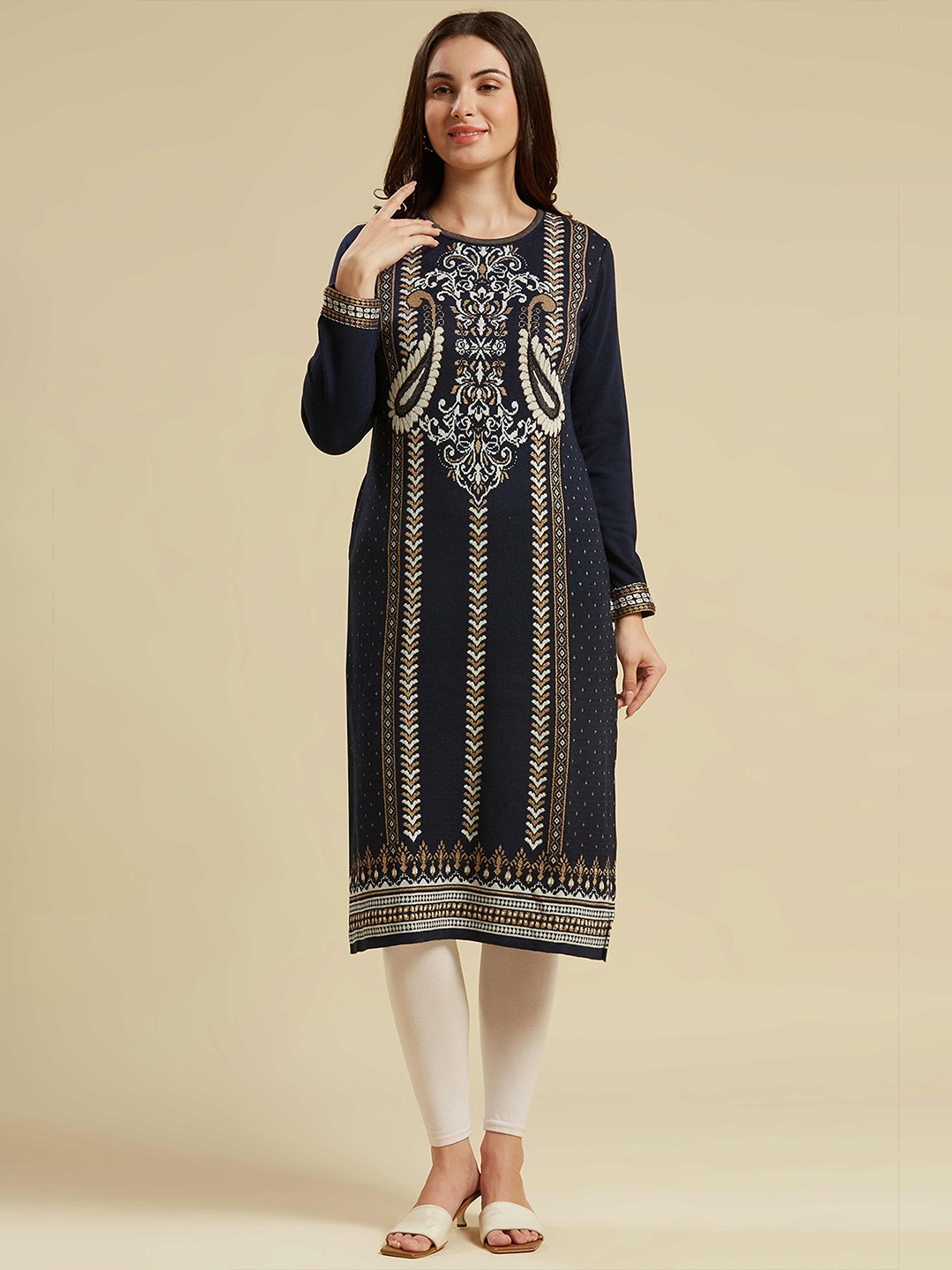 

Peachmode Women Ethnic Motifs Woven Design Kurti, Navy blue