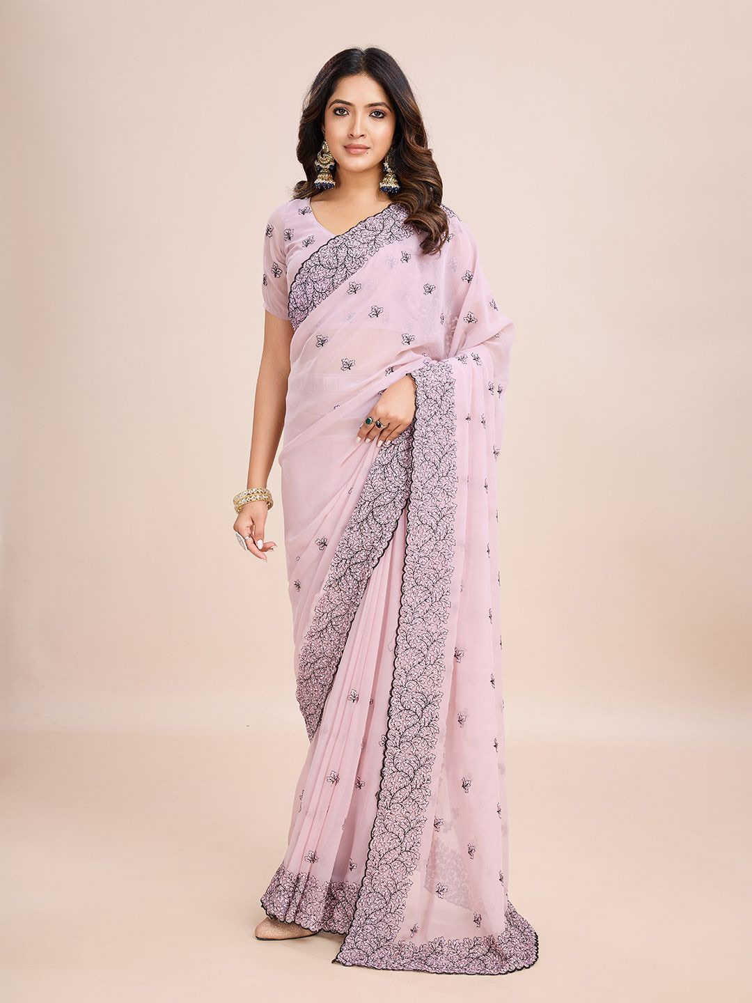 

kasee Floral Embroidered Pure Chiffon Ready to Wear Saree, Lavender