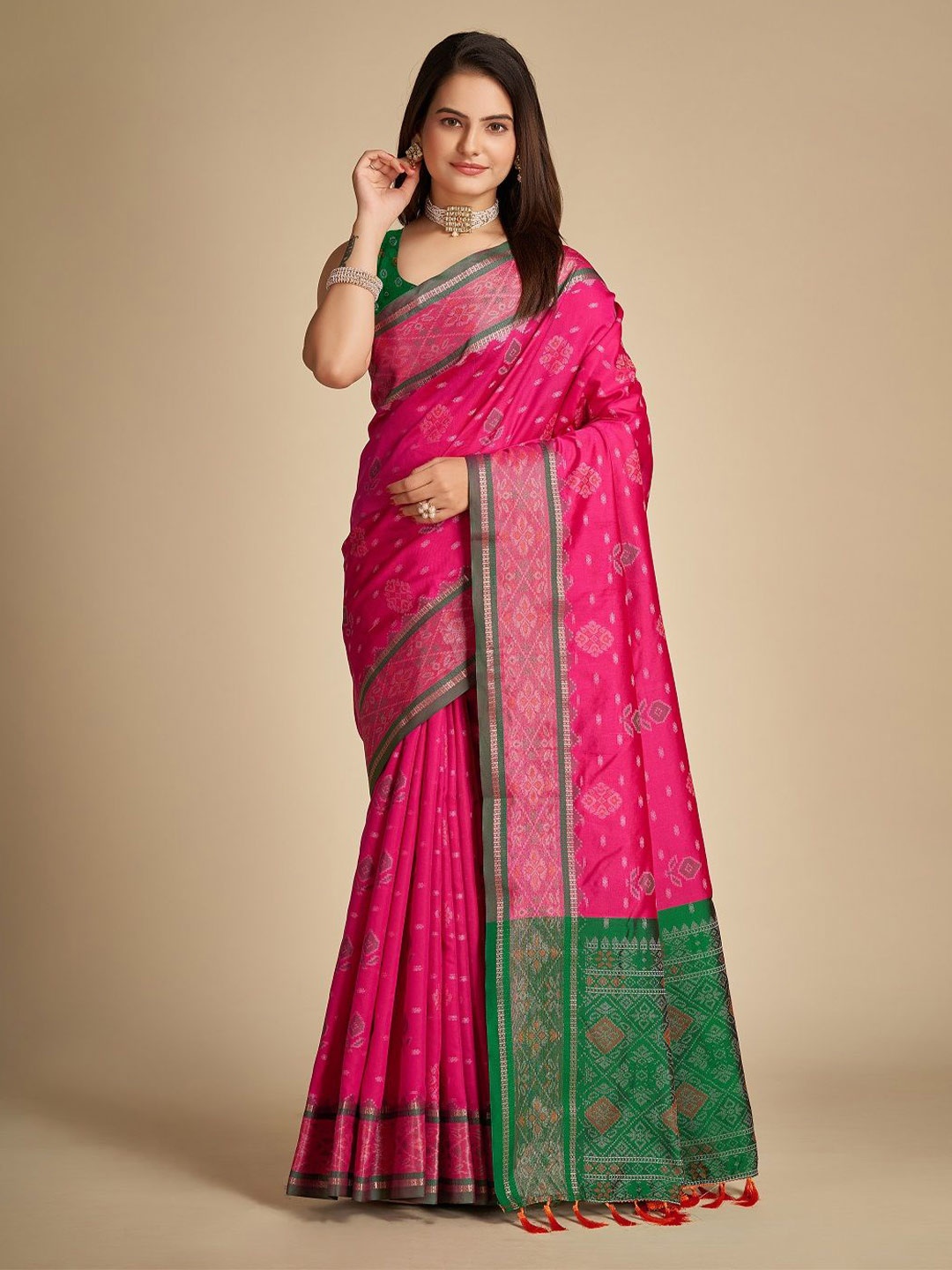 

LEOSAGI Woven Design Zari Pure Silk Patola Saree, Pink