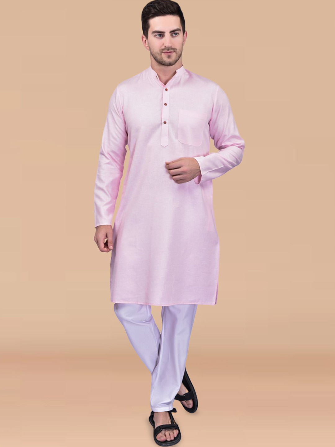 

PRINTINDIA Band Collar Pure Cotton Straight Kurta with Trousers, Pink
