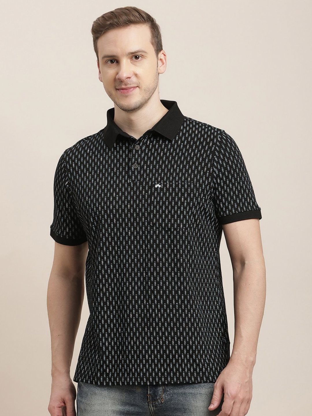 

Turtle Men Abstract Printed Polo Collar Cotton Slim Fit T-shirt, Black