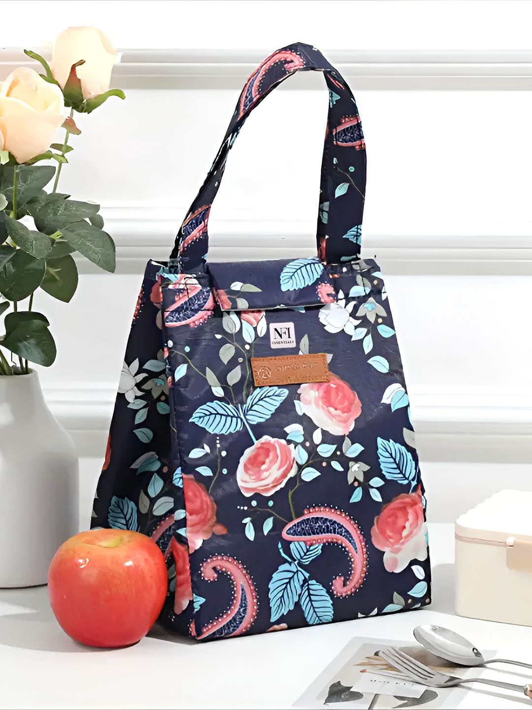 

NFI essentials Adults Floral Printed Insulated Lunch bags Travel Accessory, Navy blue