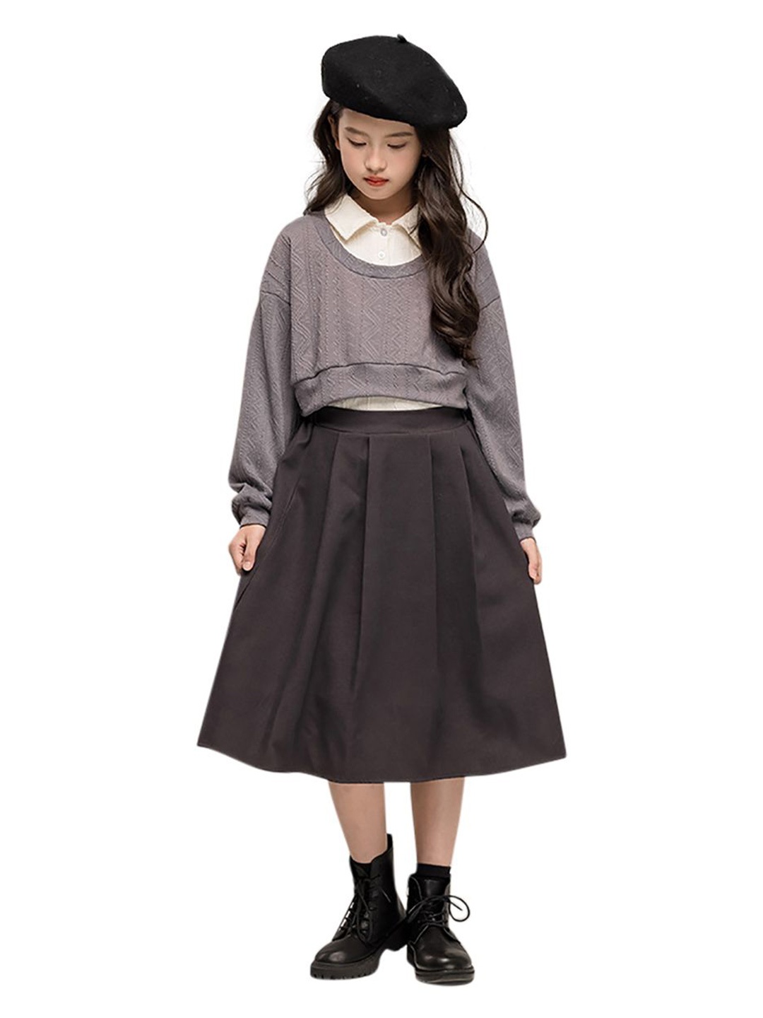 

StyleCast x Revolte Girls Round Neck Long Sleeves Top With Skirt, Grey