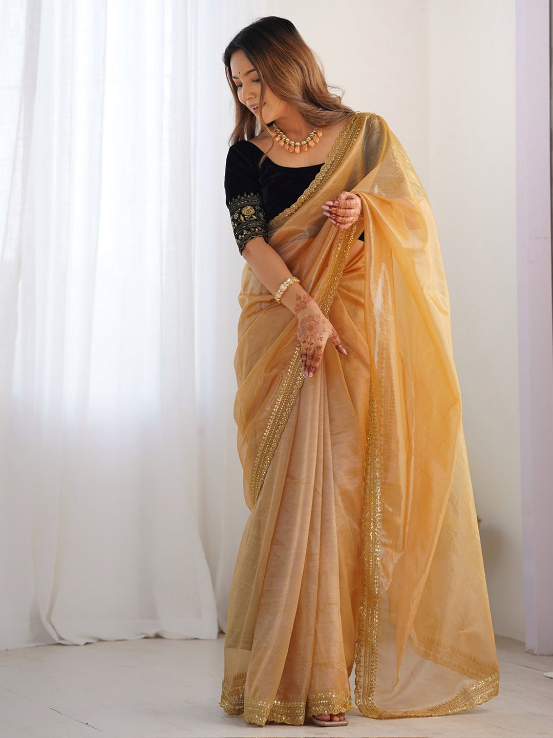 

Satrani Sequinned Shimmer Net Saree, Gold