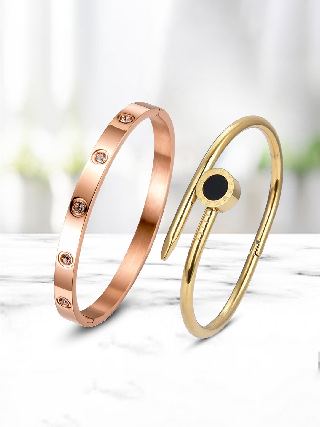 

MEENAZ Set Of 2 Gold-Plated AD Stainless Steel Cuff Bracelet, Rose gold