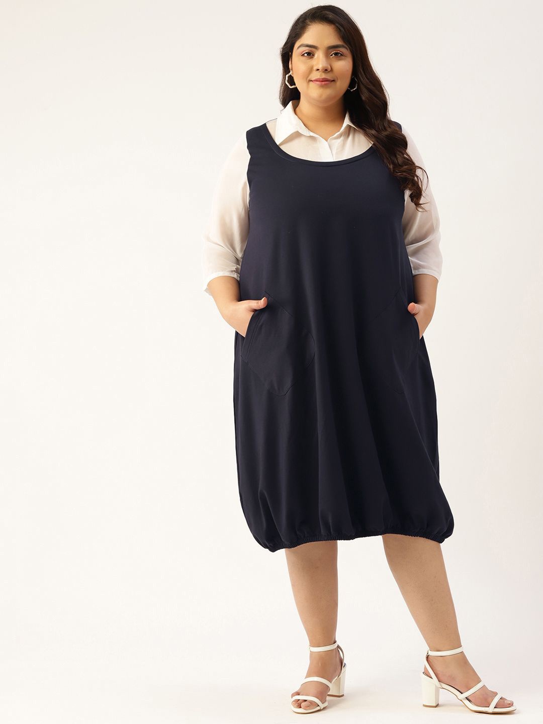 

theRebelinme Women Cotton Colourblocked Balloon Midi Dress, Navy blue