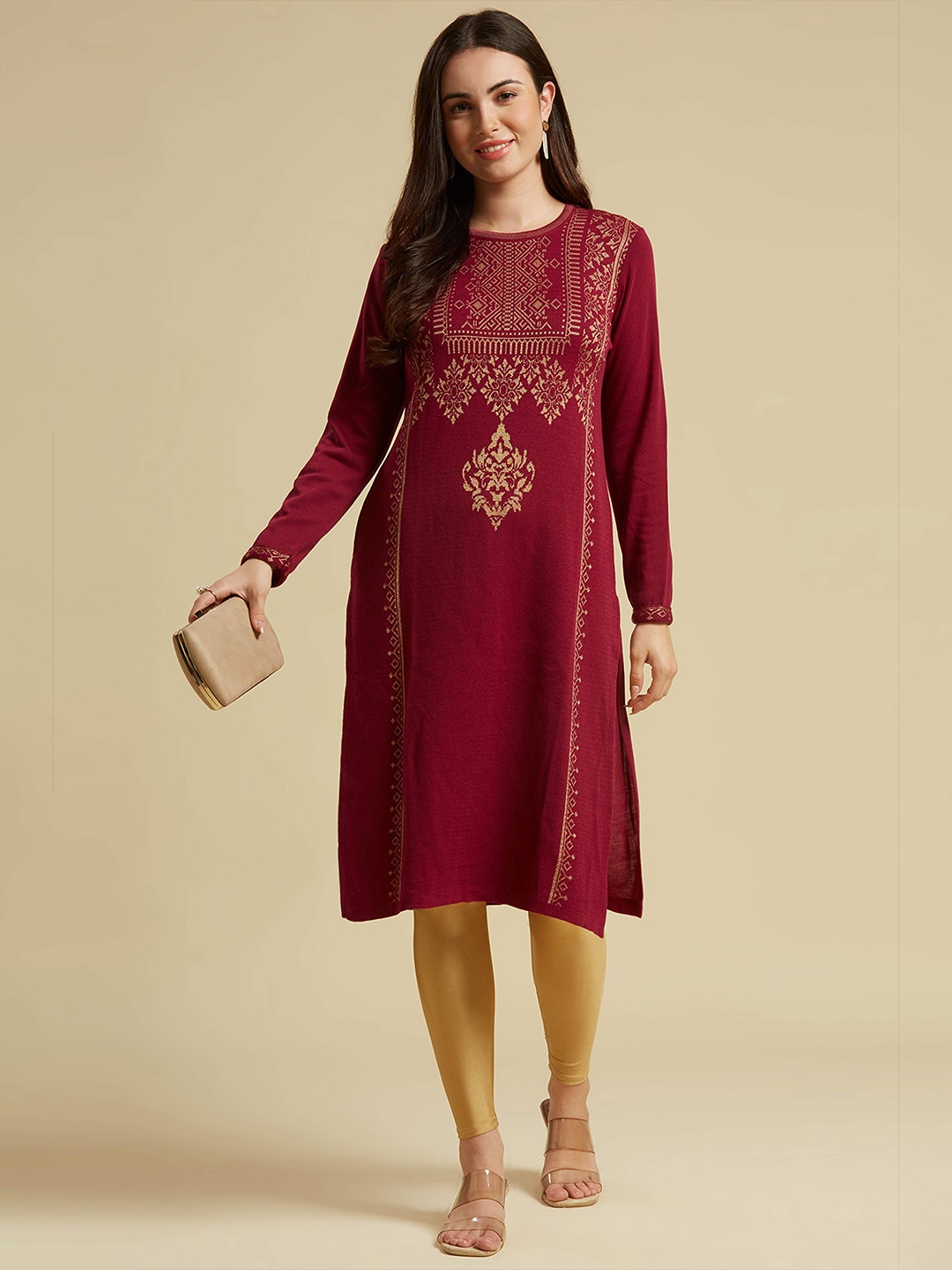 

Peachmode Women Woven Design Woolen Straight Kurta, Purple