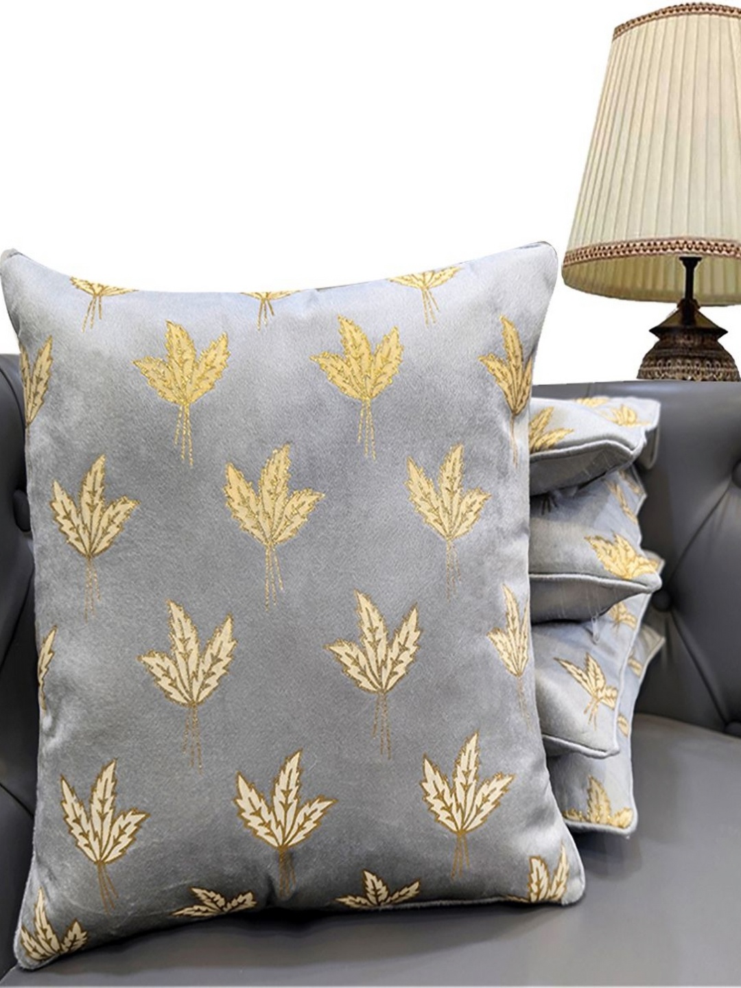 

Good Vibes Grey & Gold-Toned 5 Pieces Floral Velvet Square Cushion Covers