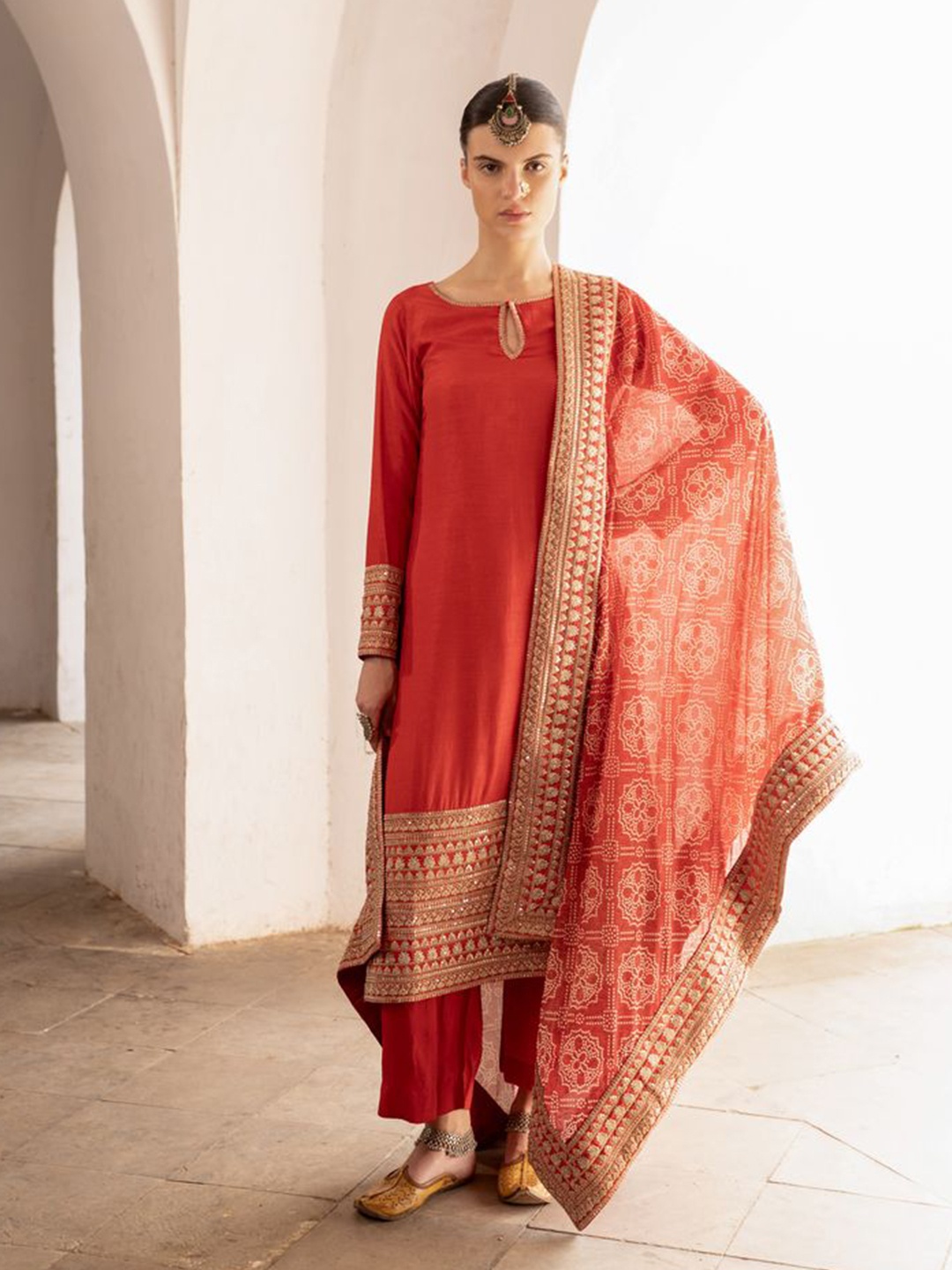 

KARAJ JAIPUR Ethnic Motifs Embroidered Chanderi Cotton Kurta with Trousers & Dupatta, Red