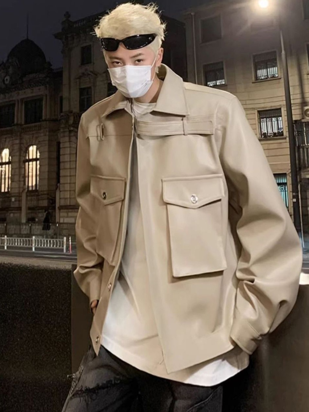 

HERE&NOW Men Spread Collar Solid Leather Casual Leather Jacket, Khaki
